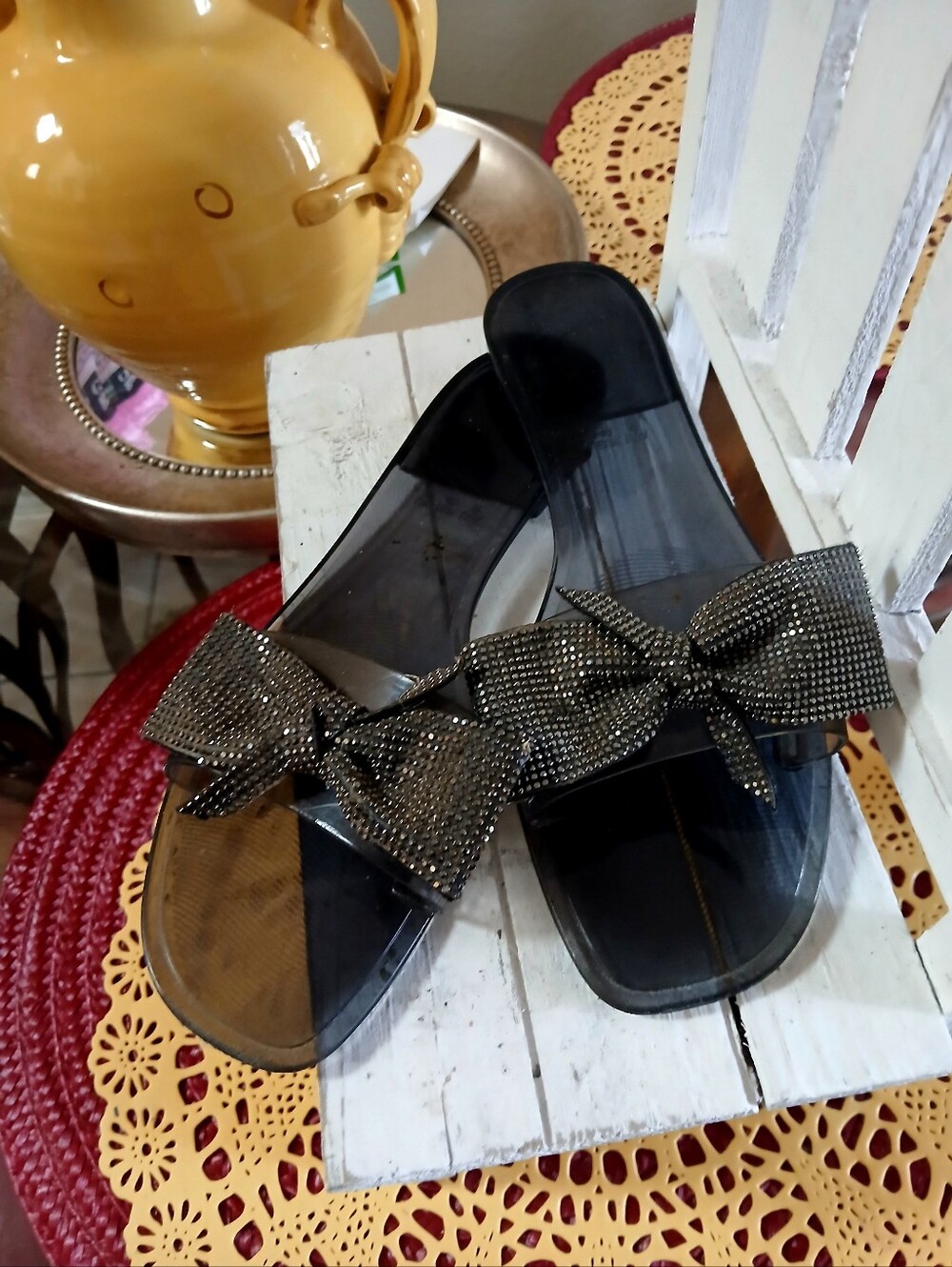 Women’s Black Jelly Slide Sandals with Rhinestone Bow Accent
